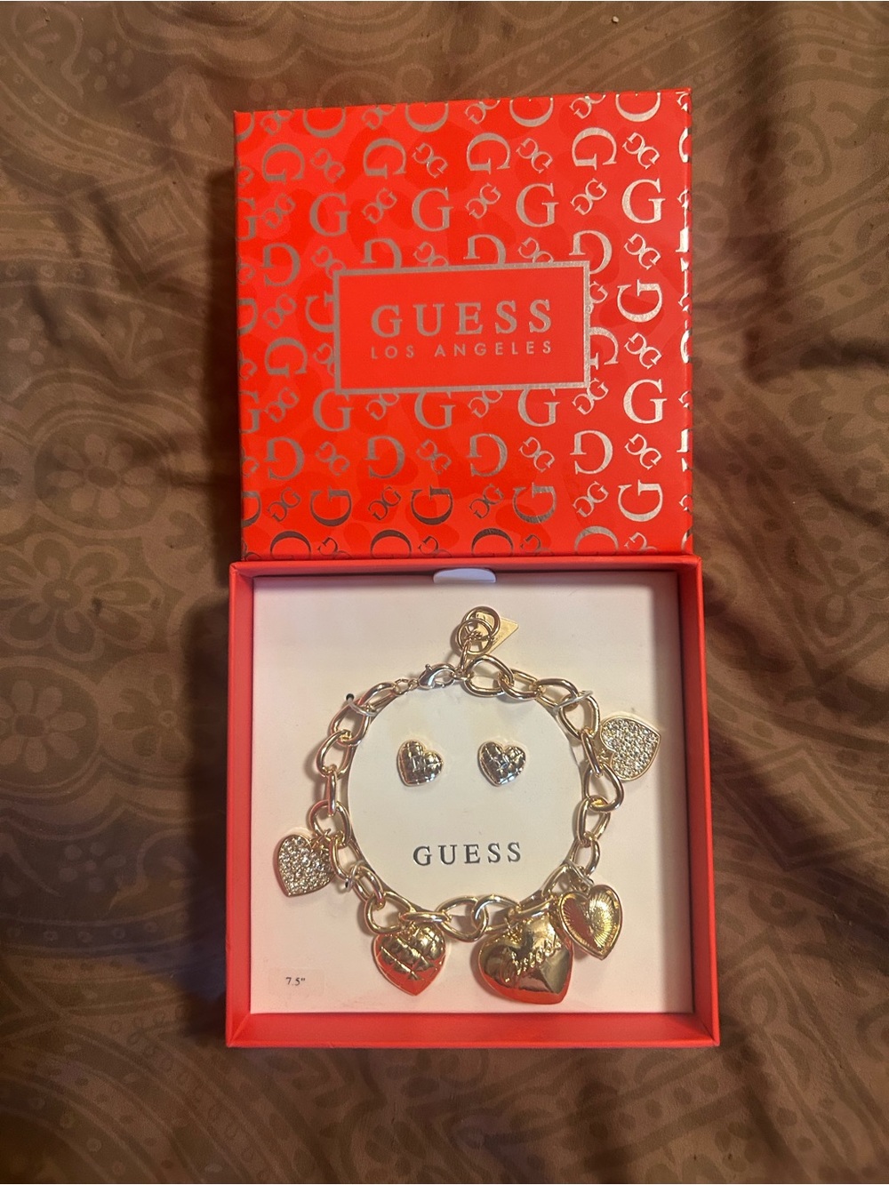 GUESS Gold Heart Charm Bracelet with Heart Stud Earrings